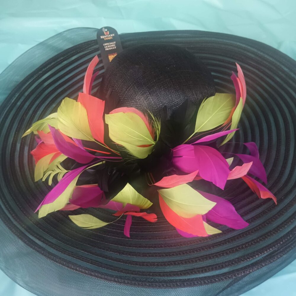 NWT Kentucky Derby Scala Big Brim Multi Colored Feather Sinemay Mesh Hat - Picture 2 of 11